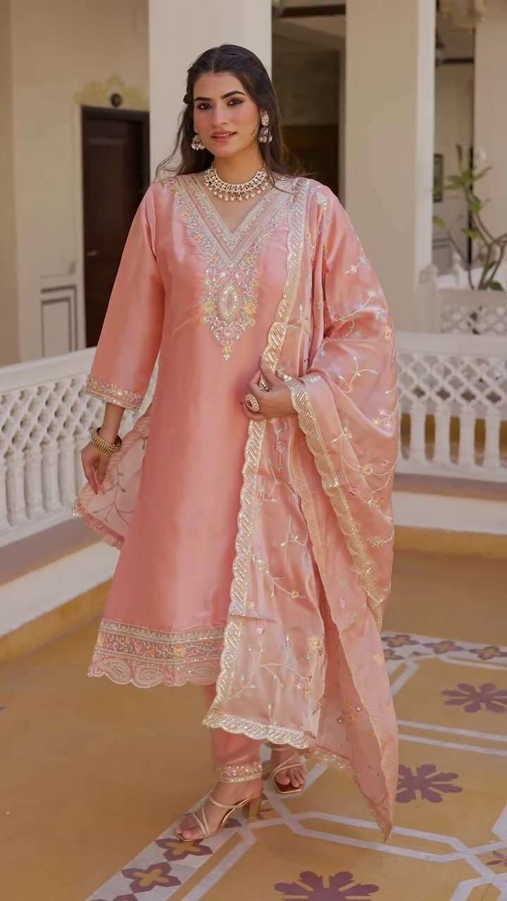 Women's Silk Heavy Embroidery Sequence Work Top-Bottom Straight Kurti With Pant and Dupatta set - Image 2